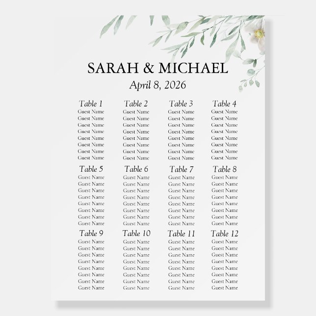 Eucalyptus Greenery Seating Chart 18 x 24 Foam Board (Front)