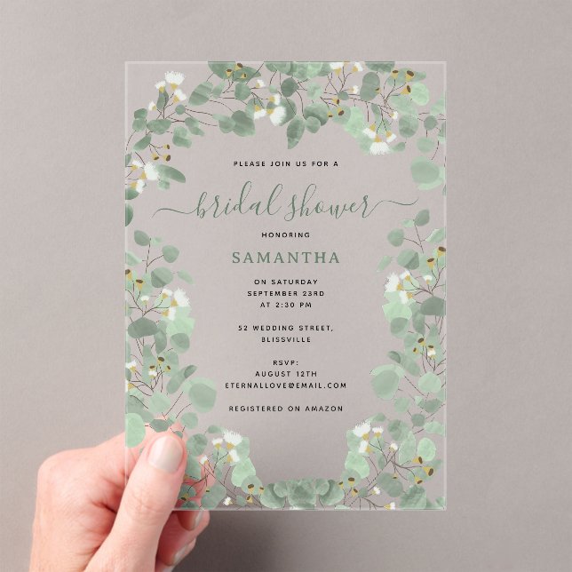Eucalyptus Greenery Silver Dollar Bridal Shower Acrylic Invitations (Insitu (Handheld))