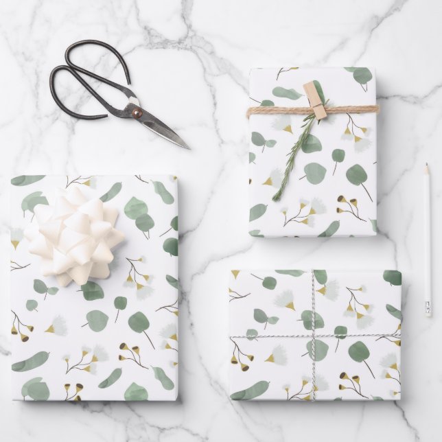 Eucalyptus Greenery Silver Dollar Gum Blossoms  Wrapping Paper Sheets (Front)