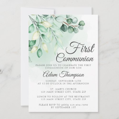 Eucalyptus Greenery Simple First Communion Invitation