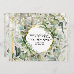 Eucalyptus greenery string lights country wood save the date
