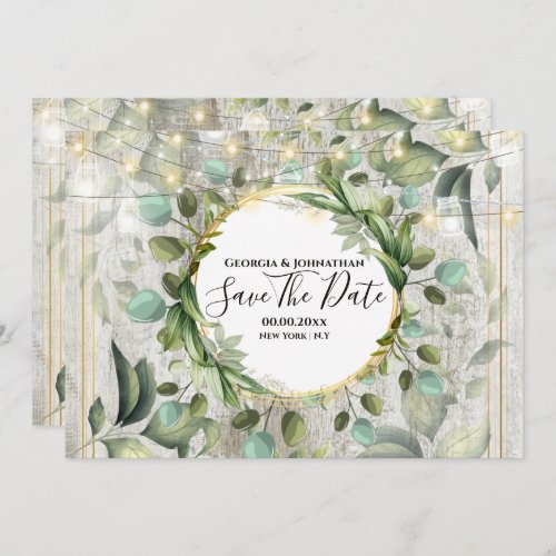Eucalyptus greenery string lights country wood  save the date