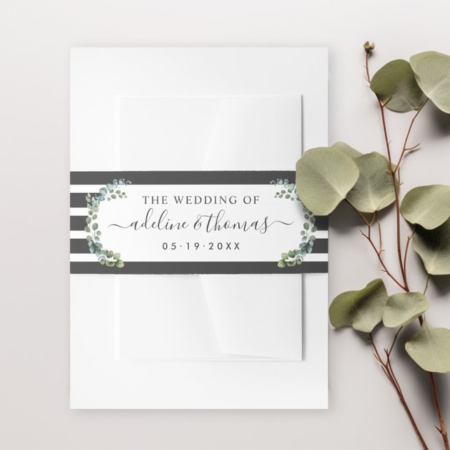 Eucalyptus Greenery Striped Monogram Invitation Belly Band (Creator Uploaded)