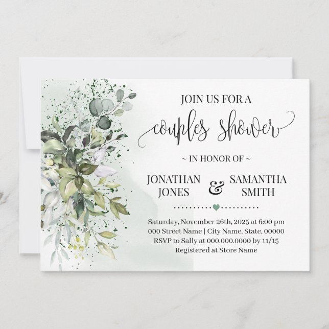 Eucalyptus greenery succulent couples shower invitation (Front)