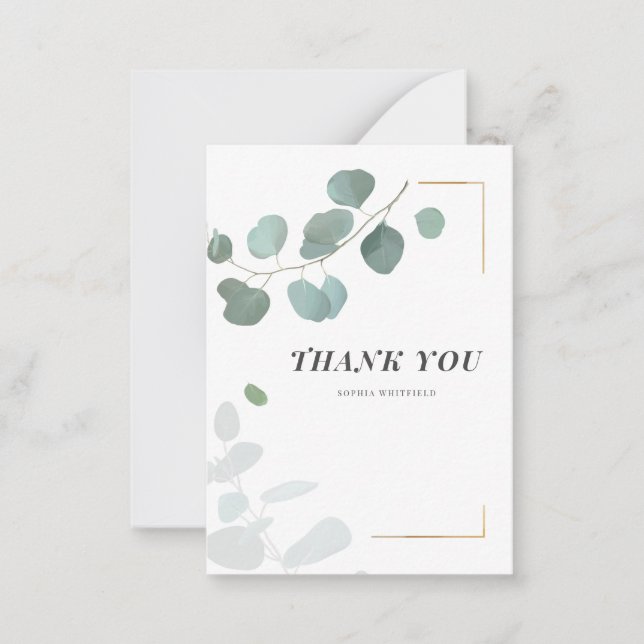 Eucalyptus Greenery Succulent Gold Frame Thank You Note Card (Front)