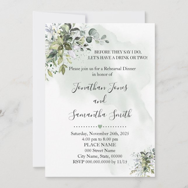 Eucalyptus greenery succulent rehearsal dinner invitation (Front)