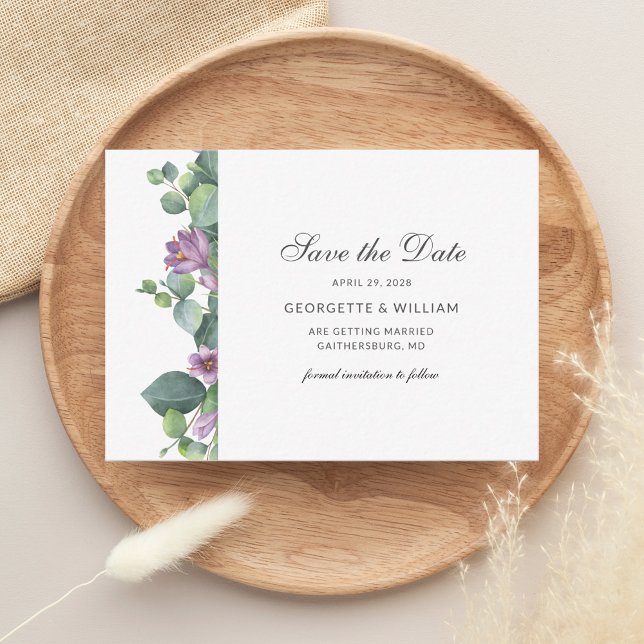 Eucalyptus Greenery Succulent Script Save the Date Note Card (Save the Date Purple Sage Green Wedding Announcement)
