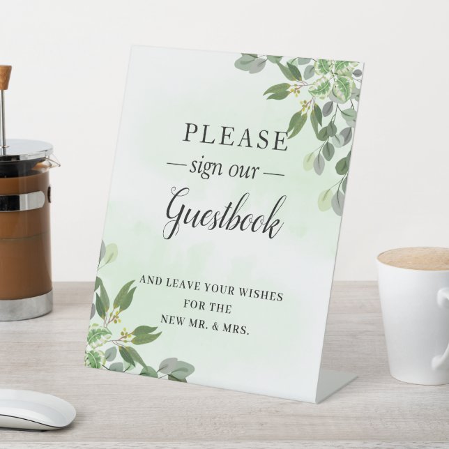 Eucalyptus Greenery Succulent Wedding Guestbook Pedestal Sign (In SItu)