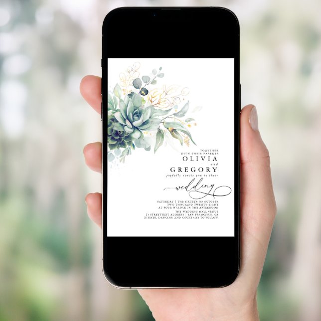 Eucalyptus Greenery Succulents and Gold Wedding Invitation (Front Digital)