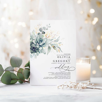Eucalyptus Greenery Succulents And Gold Wedding Invitation by lovelywow at Zazzle