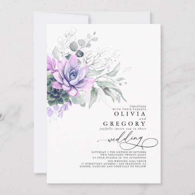 Eucalyptus Greenery Succulents and Silver Wedding Invitation (Front)