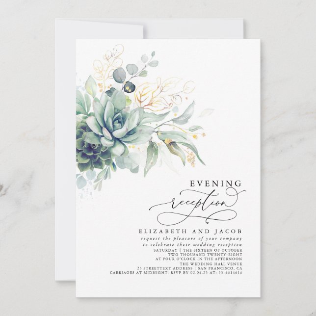 Eucalyptus Greenery Succulents Evening Reception Invitation (Front)