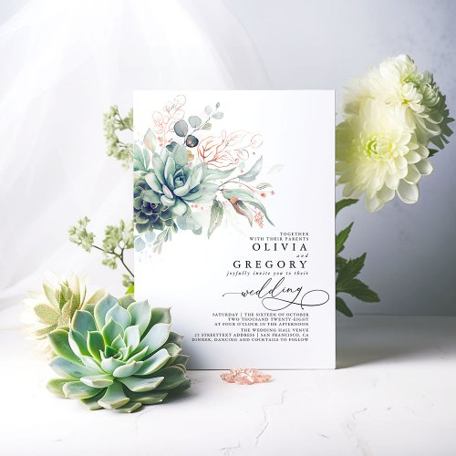 Eucalyptus Greenery Succulents Rose Gold Wedding Invitation