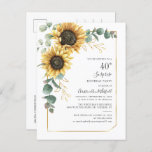 Eucalyptus Greenery Sunflower 40th Birthday Party Invitation Postcard<br><div class="desc">Create a one of a kind birthday invitation with our floral and greenery geometric template featuring sunflower and eucalyptus with gold foil geometric frame,  by clicking the "Personalize" button</div>