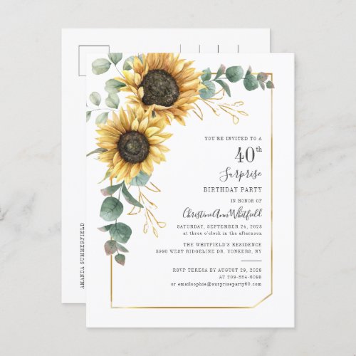 Eucalyptus Greenery Sunflower 40th Birthday Party Invitation Postcard