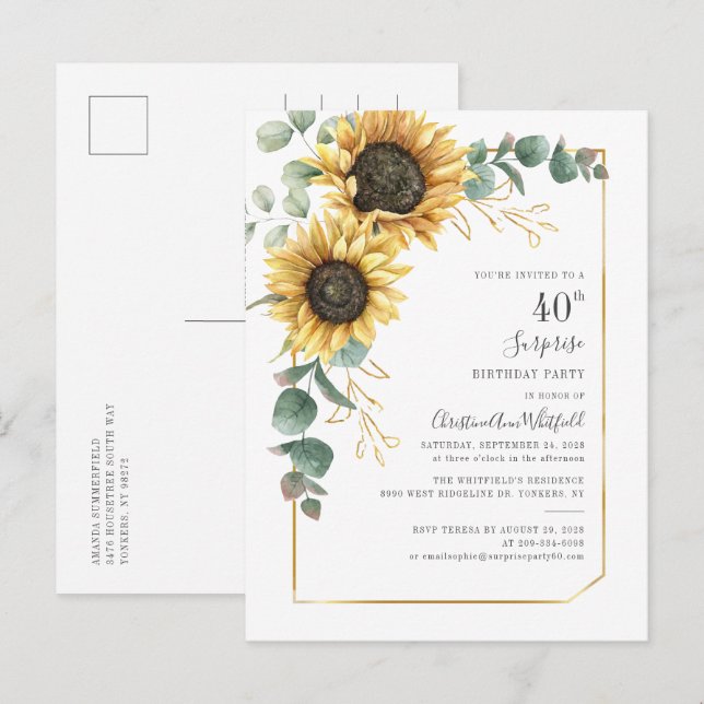 Eucalyptus Greenery Sunflower 40th Birthday Party Invitation Postcard (Front/Back)