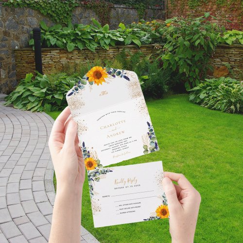 Eucalyptus greenery sunflower glitter wedding all in one invitation