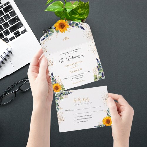 Eucalyptus greenery sunflower glitter wedding all in one invitation