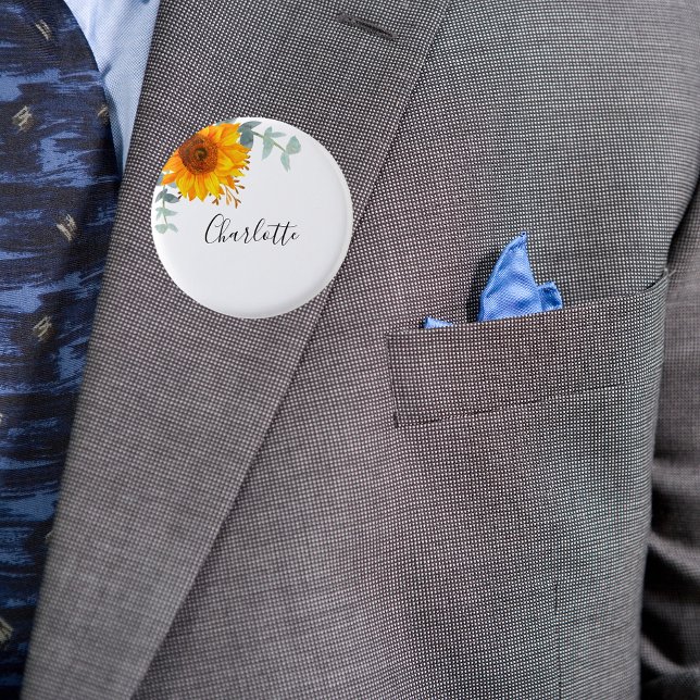 Eucalyptus greenery sunflower name tag button (Creator Uploaded)