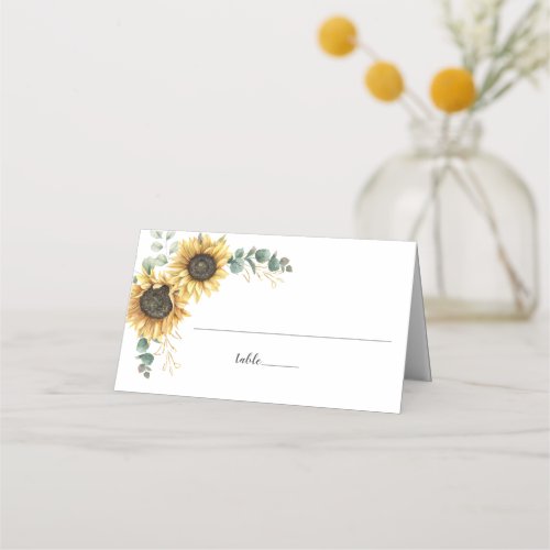 Eucalyptus Greenery Sunflower Script Wedding Table Place Card