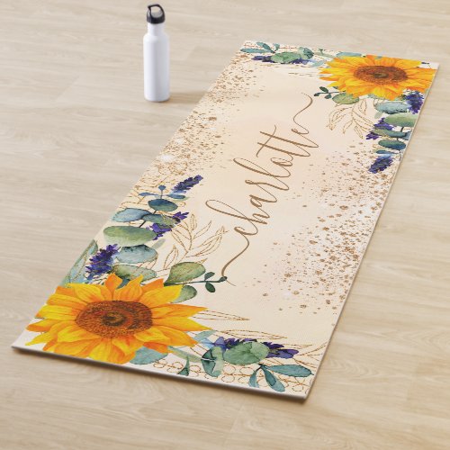 Eucalyptus greenery sunflowers glitter dust yoga mat