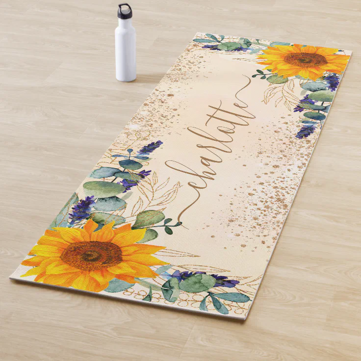Eucalyptus greenery sunflowers glitter yoga mat Zazzle