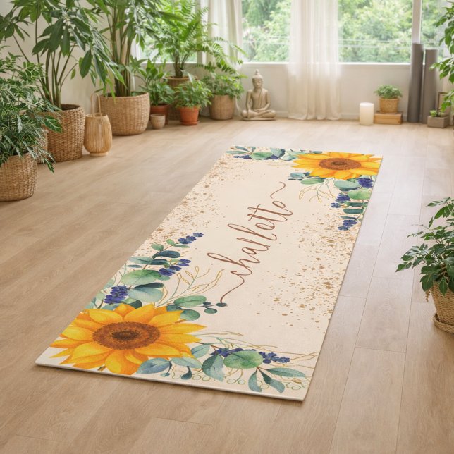 Eucalyptus greenery sunflowers glitter yoga mat (Creator Uploaded)