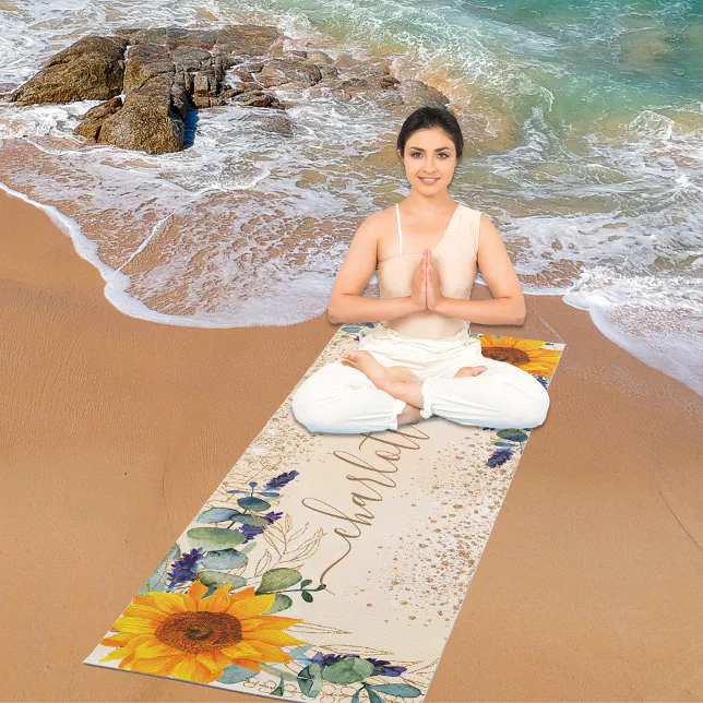 Eucalyptus greenery sunflowers glitter yoga mat Zazzle