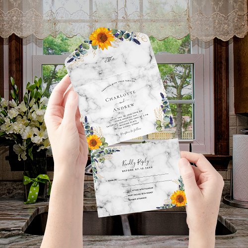 Eucalyptus greenery sunflowers marble wedding all in one invitation