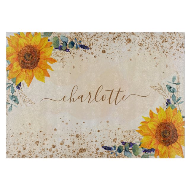 Eucalyptus greenery sunflowers rose gold glitter cutting board (Front)