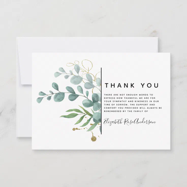 Eucalyptus Greenery Sympathy Funeral Thank You Card | Zazzle