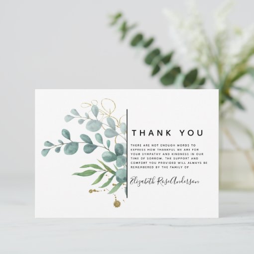 Eucalyptus Greenery Sympathy Funeral Thank You Card | Zazzle
