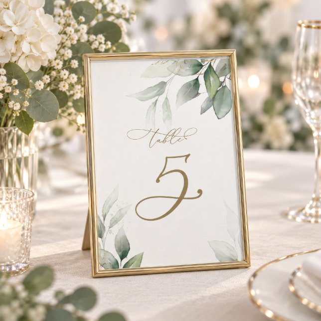 Eucalyptus Greenery Table 5 Wedding Table Number (Eucalyptus Greenery Table Number card displayed in a gold frame with florals)
