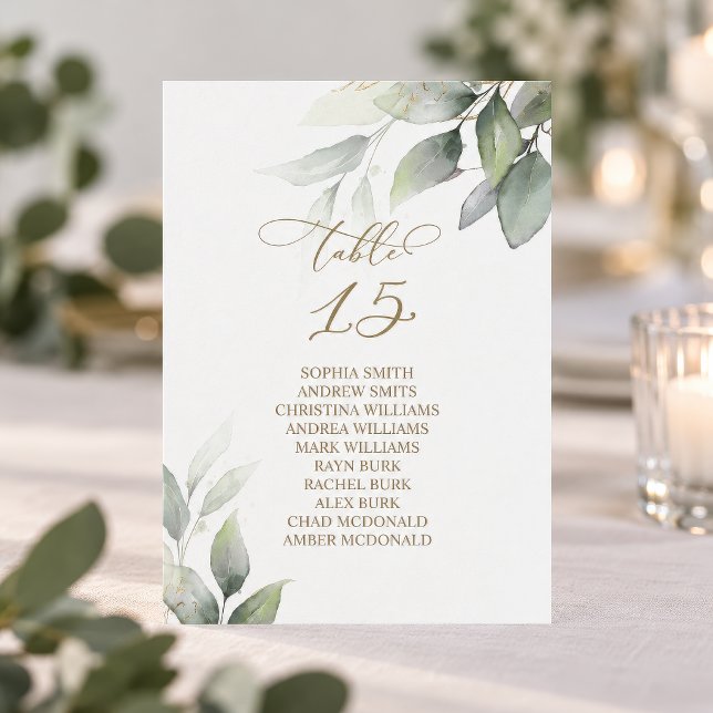 Eucalyptus Greenery Table Number 15 Seating Chart (Eucalyptus Greenery Wedding Table Number Card, Table 15 with guest names, gold script)