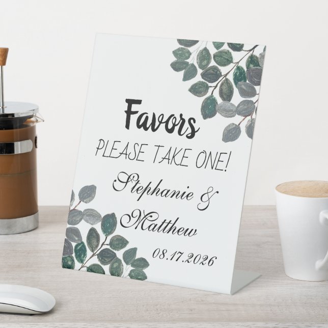 Eucalyptus Greenery Take One Favors Pedestal Sign (In SItu)