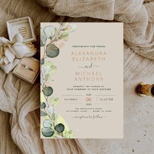 Eucalyptus Greenery Taupe Beige Gold Wedding Invitation