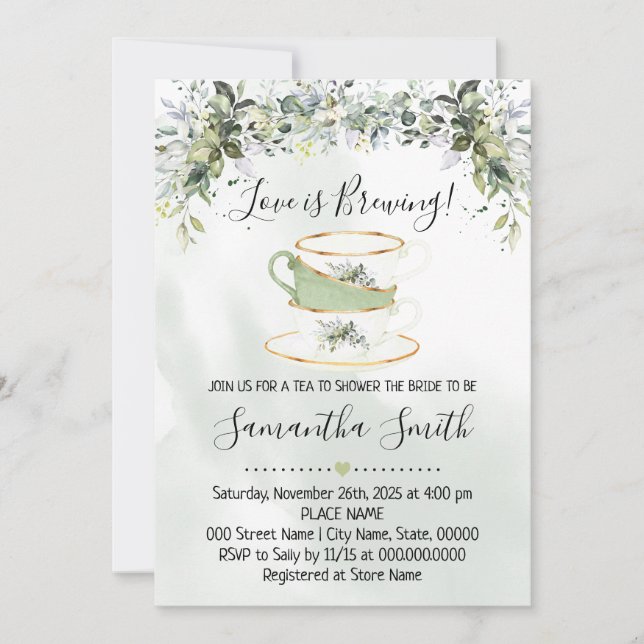 Eucalyptus greenery tea bridal shower invitation (Front)