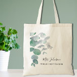 Eucalyptus Greenery Teacher's Tote Bag<br><div class="desc">This elegant Teacher's Tote Bag is decorated with watercolor eucalyptus leaves in soft shades of green. Easily customizable. To edit further use the Design Tool to change the font, font size, or color. Because we create our artwork you won't find this exact image from other designers. Original Watercolor © Michele...</div>