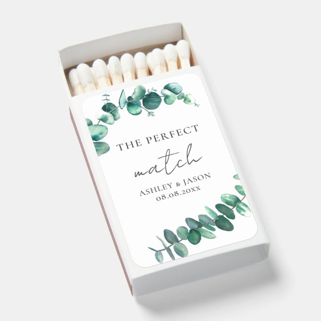 Eucalyptus Greenery The Perfect Match, Wedding Matchboxes (Front Open)