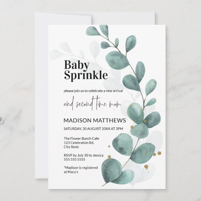 Eucalyptus Greenery Watercolor Baby Sprinkle Invit Invitation (Front)