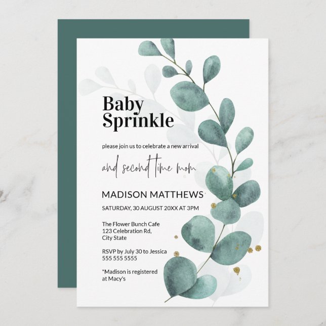 Eucalyptus Greenery Watercolor Baby Sprinkle Invitation (Front/Back)