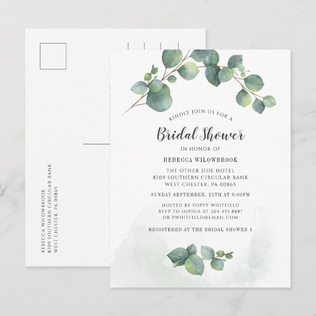 Eucalyptus Greenery Watercolor Bridal Shower Invitation Postcard (Front/Back)