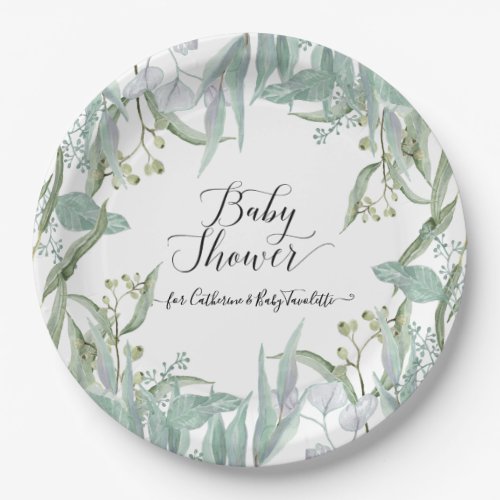 Eucalyptus Greenery Watercolor Foliage Baby Shower Paper Plates