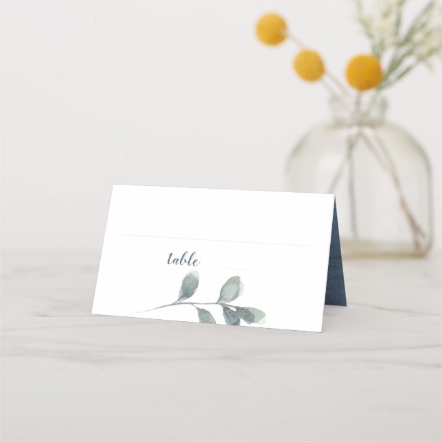 Eucalyptus Greenery Watercolor Foliage Dusty Blue Place Card (Front)