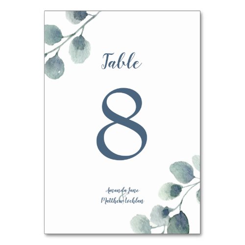 Eucalyptus Greenery Watercolor Foliage Dusty Blue Table Number