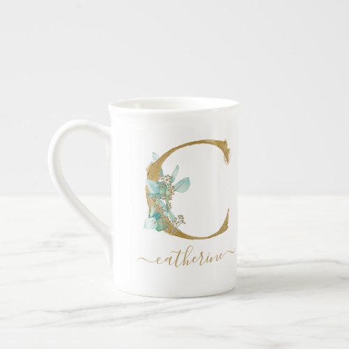 Eucalyptus Greenery Watercolor Gold Monogram C Bone China Mug