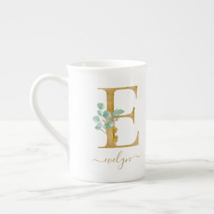 Eucalyptus Greenery Watercolor Gold Monogram E Bone China Mug