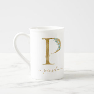 Eucalyptus Greenery Watercolor Gold Monogram P Bone China Mug