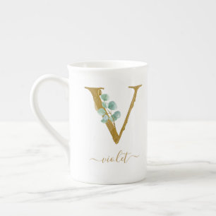 Eucalyptus Greenery Watercolor Gold Monogram V Bone China Mug