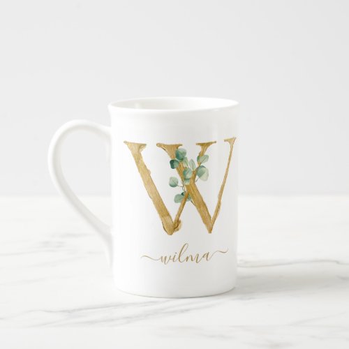 Eucalyptus Greenery Watercolor Gold Monogram W Bone China Mug